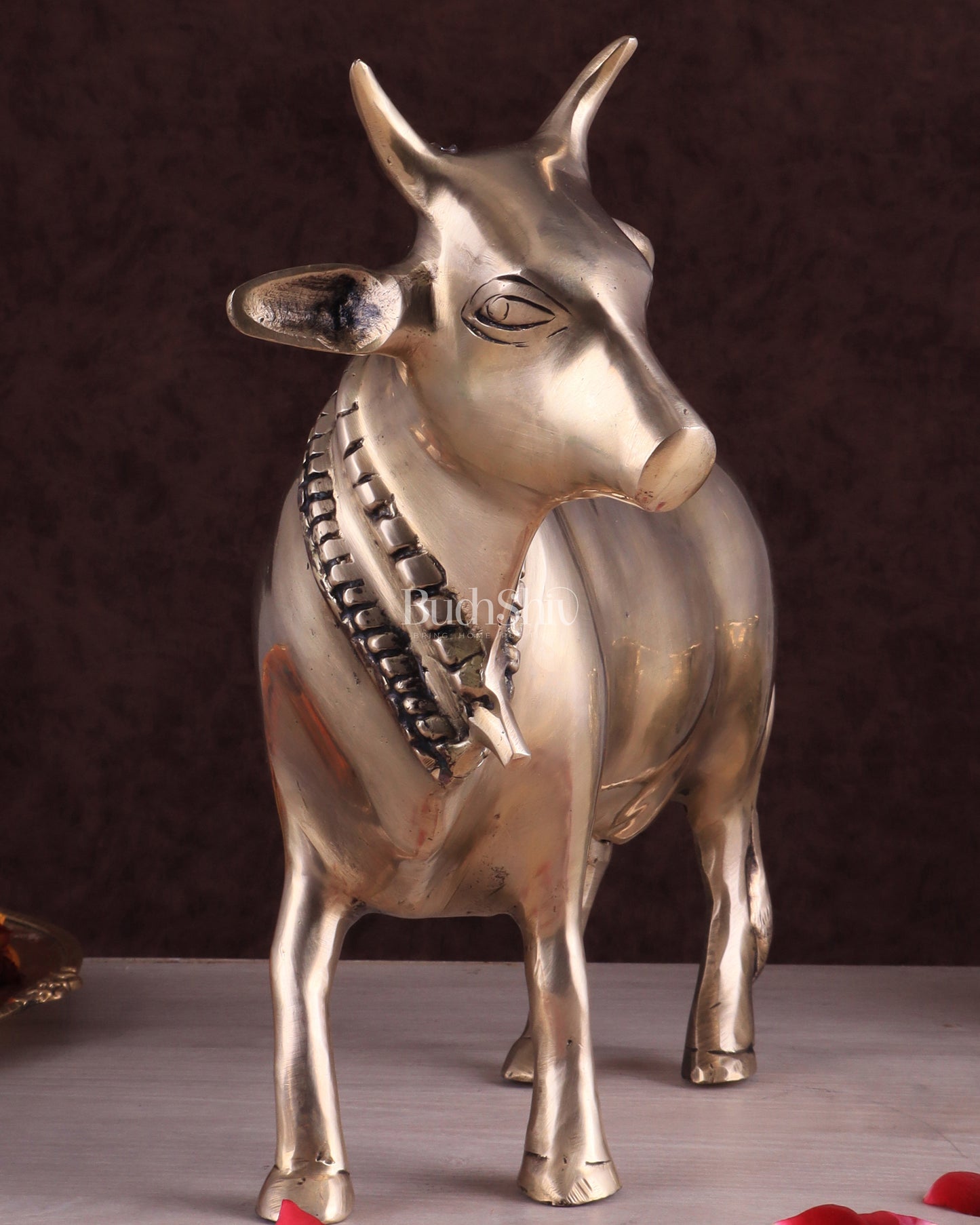 Brass Standing Cow Idol - Gomatha Statue glossy Finish | 13 inch