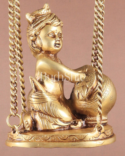 Pure Brass Baby Krishna as Bal Gopal Makhan Chor on an Elegant Kirtimukha Swing 18"