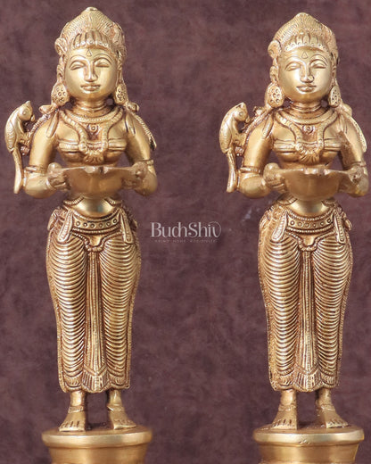 Pure Brass Deep Lady Oil Lamp Pair - Paavai Vilakku, 10"