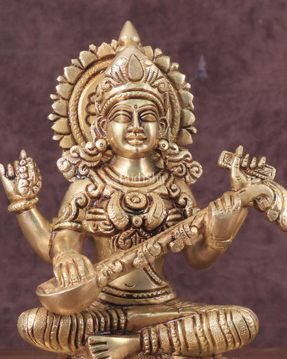 Pure Brass Saraswati Idol - 7.5" Height