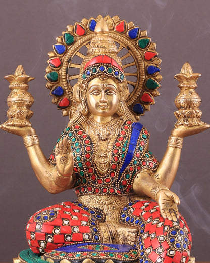 Pure Brass Lakshmi with Owl Idol Seated on Lotus | 11 Inch meenakari