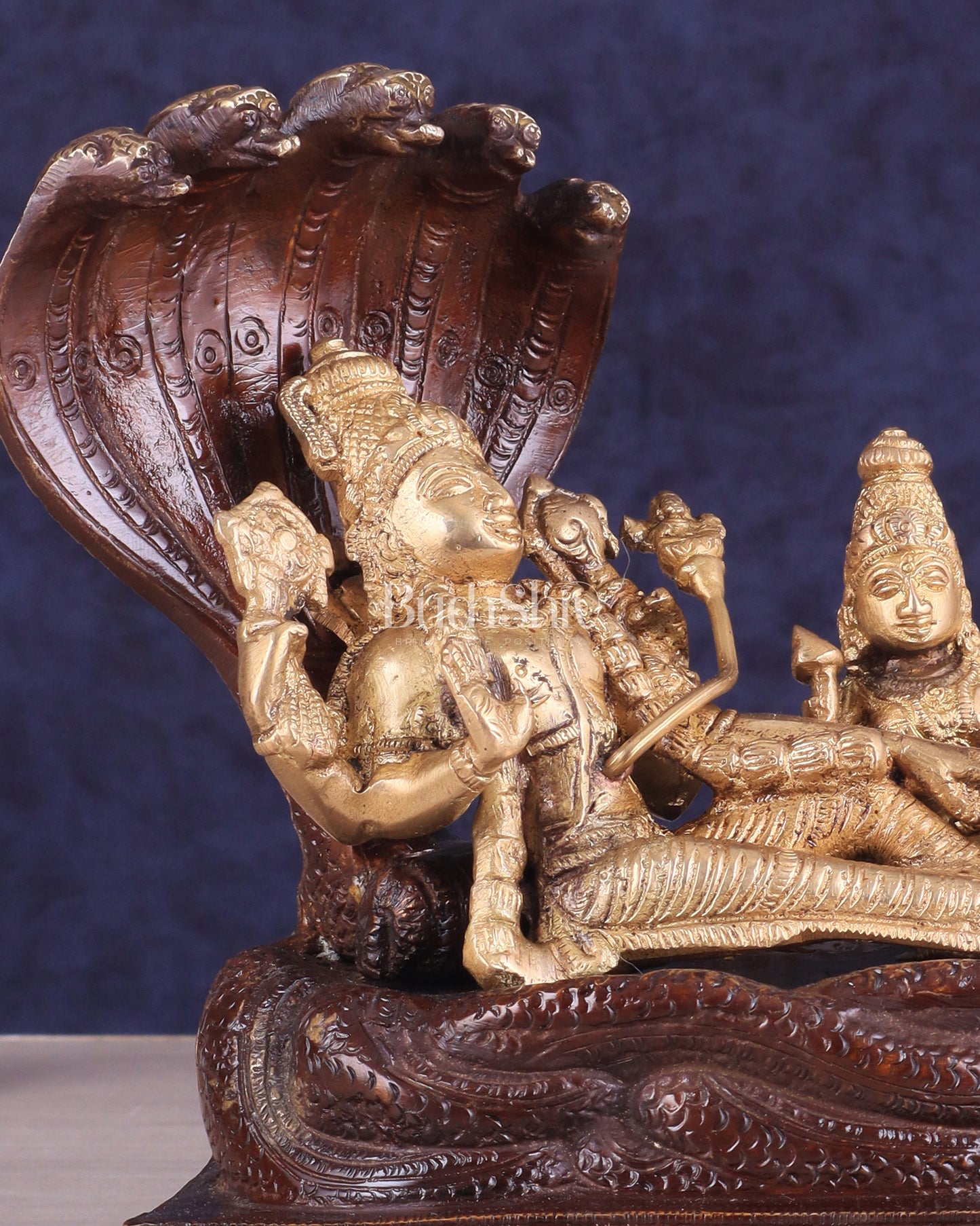 Pure Brass Resting Vishnu Lakshmi on Sheshanaag Idol - Dual Tone