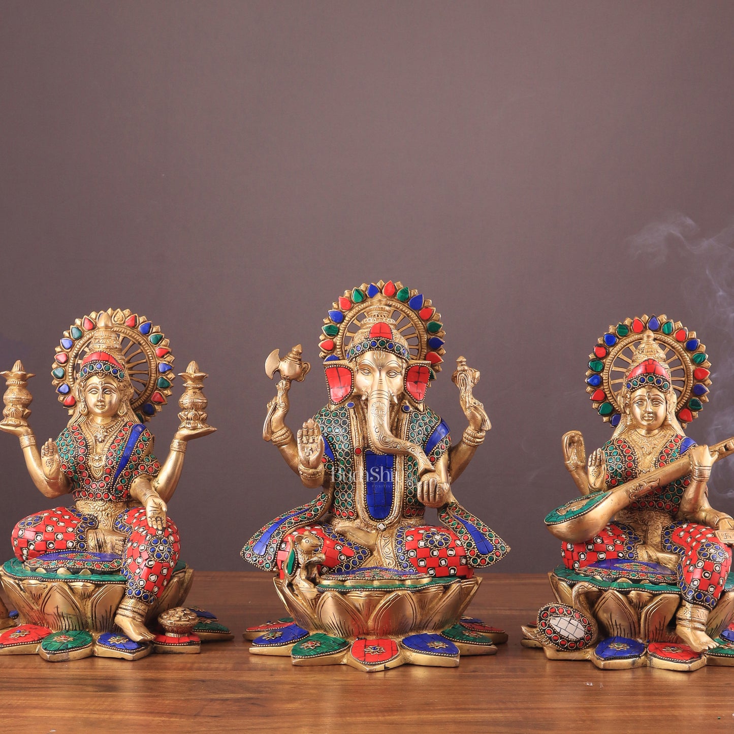 Pure Brass Ganesh Lakshmi Saraswati idols Set - 12" meenakari idols