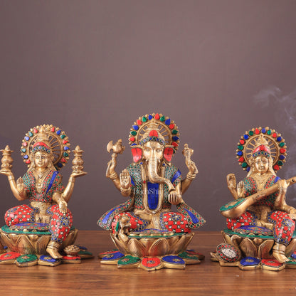 Pure Brass Ganesh Lakshmi Saraswati idols Set - 12" meenakari idols