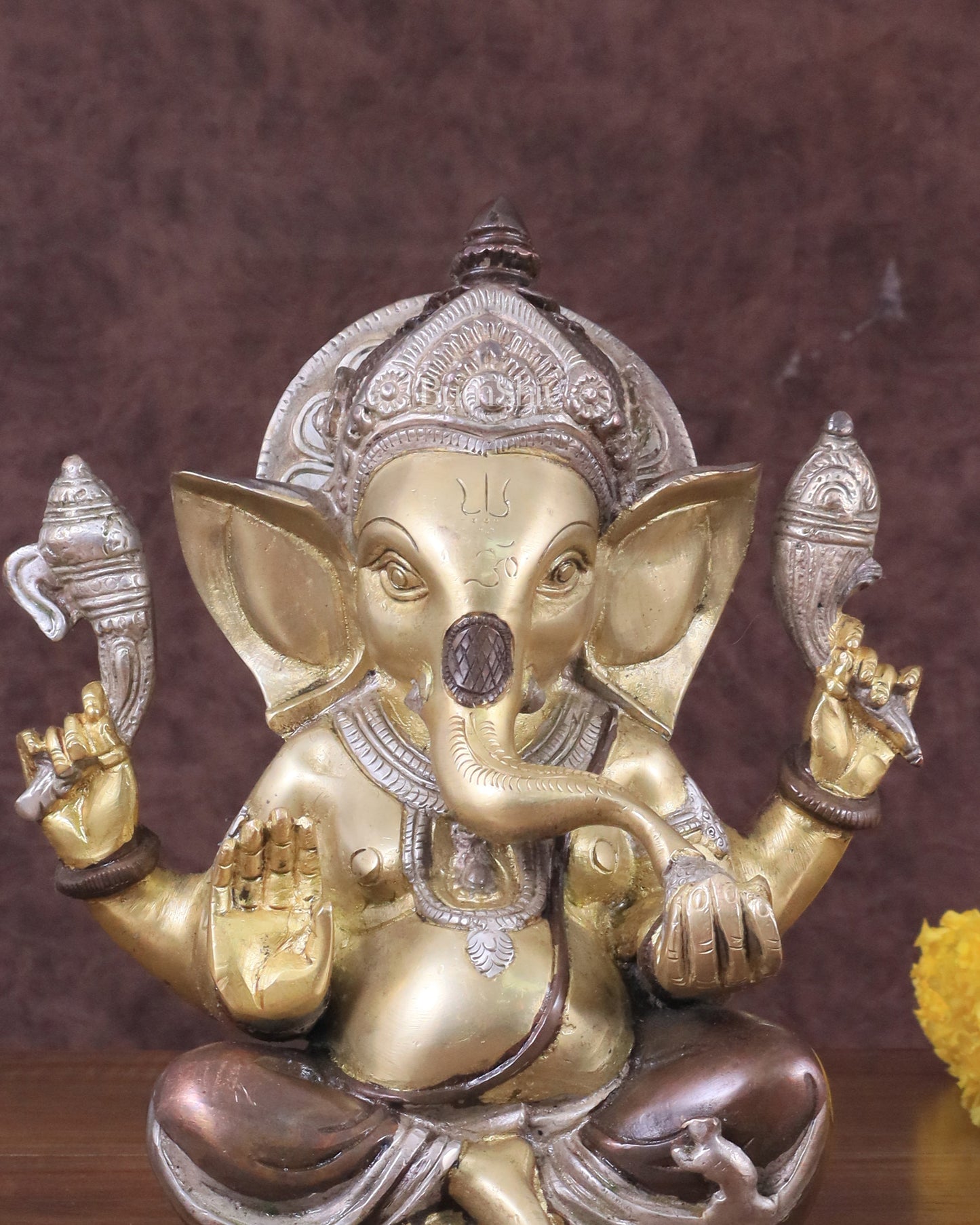 Brass Ganesha Idol with Sharp Features - 8 Inch three tone