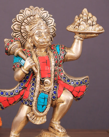 Exquisite 10-Inch Superfine Brass Idol of Lord Hanuman with Sanjeevani Mountain