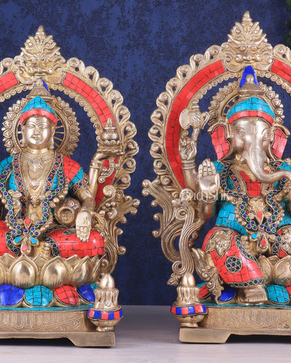 Lord Ganesha and Goddess Lakshmi Brass Statues - Height 18 inches