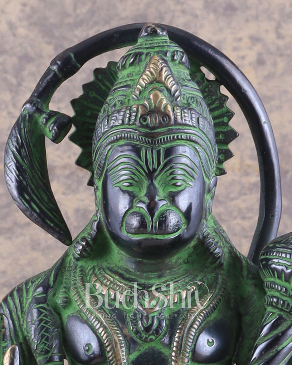 Pure Brass Standing Lord Hanuman Statue with Black and Green Tone 11 inch