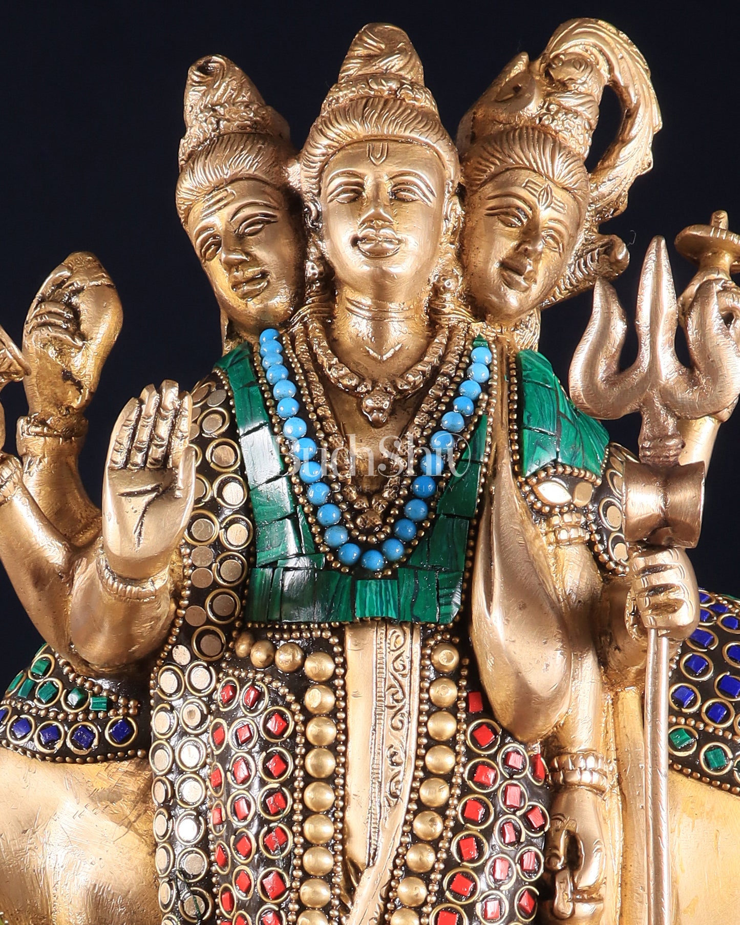 Brass Dattatreya Statue – 11" Tall with stonework