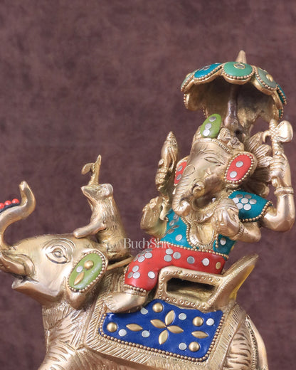 Lord Ganesha sitting on elephant meenakari brass statue