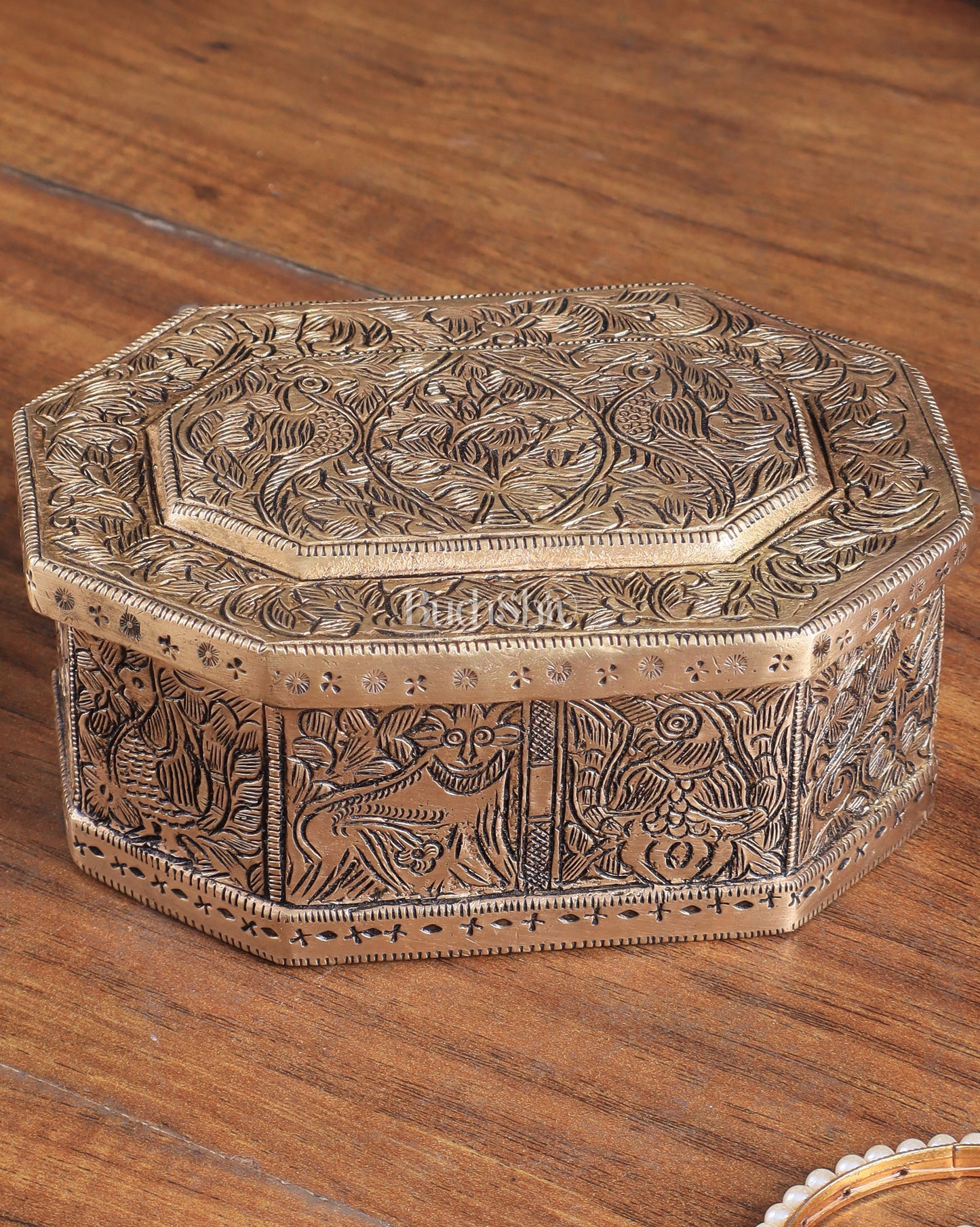 Pure Brass Multipurpose Storage Box with Animal Carvings