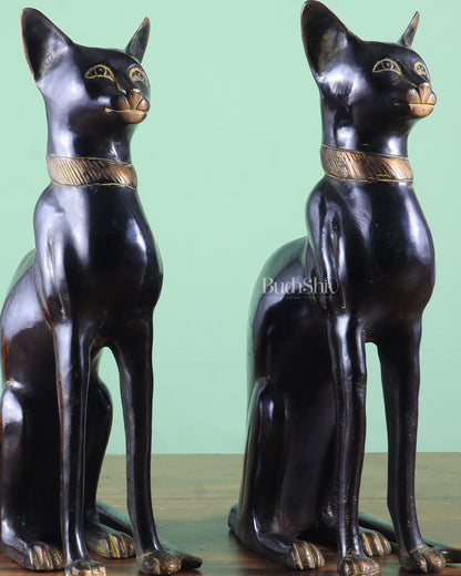 Brass Egyptian Black Cat Pair – Elegant Showpiece 14"