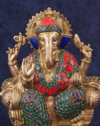 Brass Ganesha statue with Meenakari Stonework | 10" Height