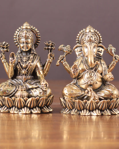 Brass Superfine Ganesha Lakshmi Idols - 3" Height | Intricate Lightweight Duo