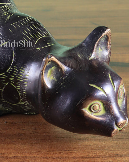 Pure Brass Vastu Black Cat Drinking Water Pose Showpiece