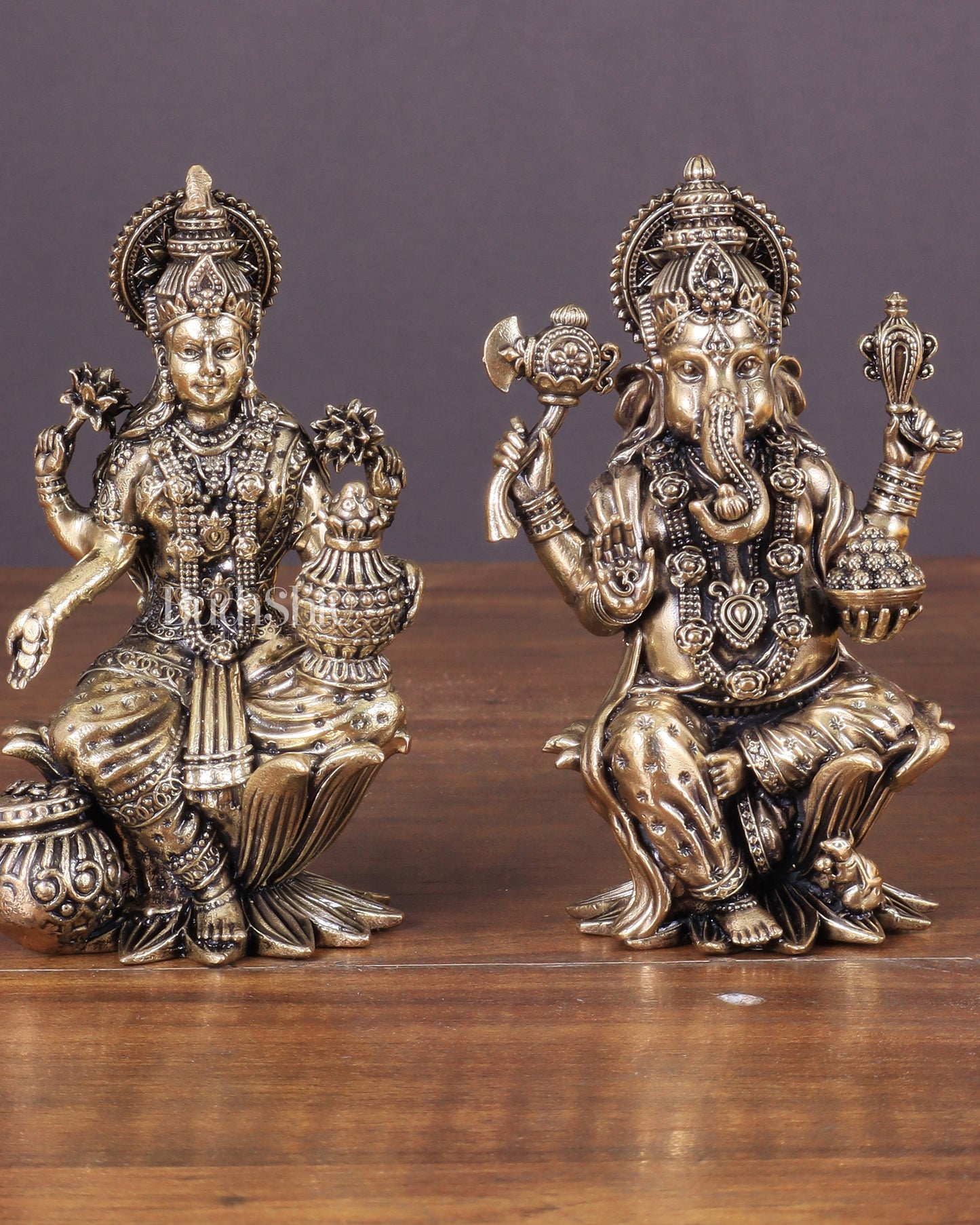 Brass Ganesha and Lakshmi Idol Pair Seated on Lotus 4"