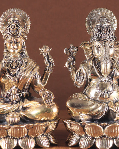 Intricate Brass Ganesha Lakshmi on Lotus – 8.5" x 5.5" x 4.5"