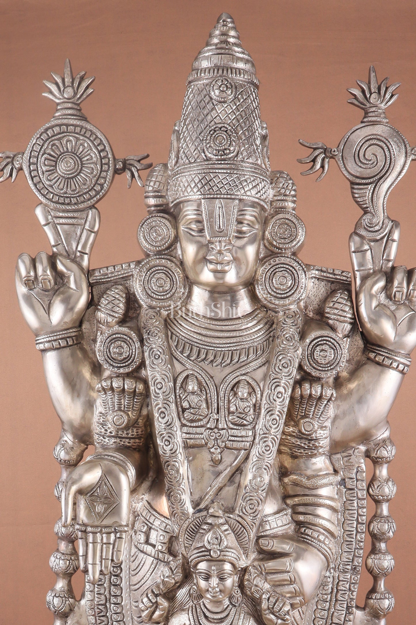 Pure Brass Lord Tirupati Balaji silver plated Statue with Goddess Padmavathi Engraved - 34.5 Inch