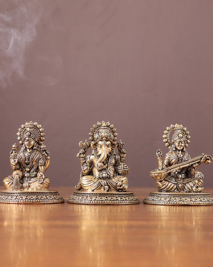 Pure Brass Ganesh, Lakshmi, Saraswati Intricate Idols 3"