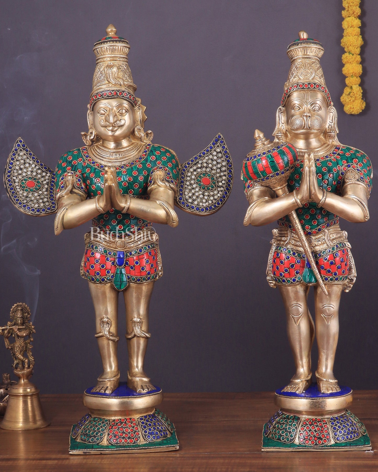 Pure Brass Lord Hanuman and Garuda Statue pair 22" meenakari