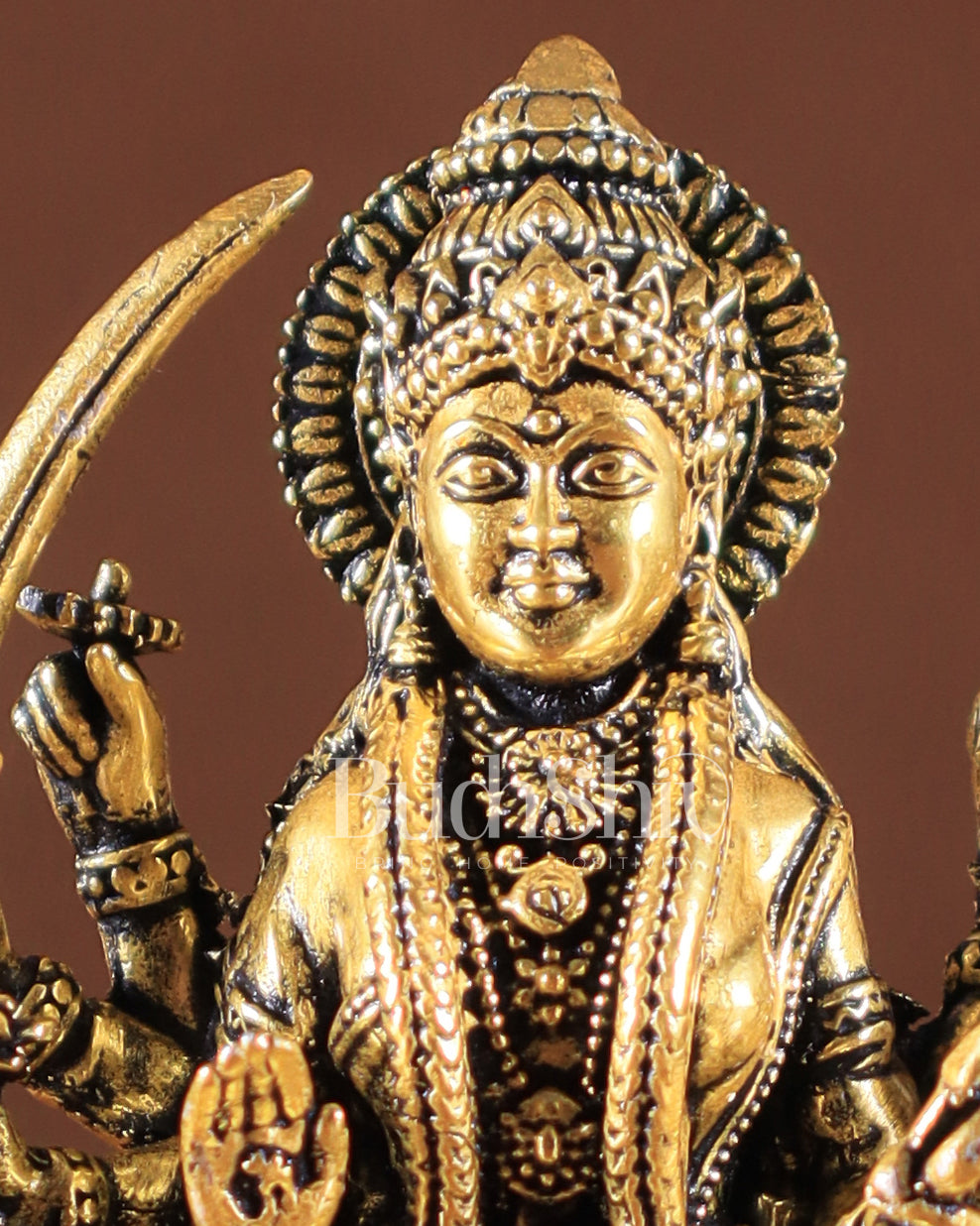 Pure Brass Superfine Durga on Lion Idol golden tone