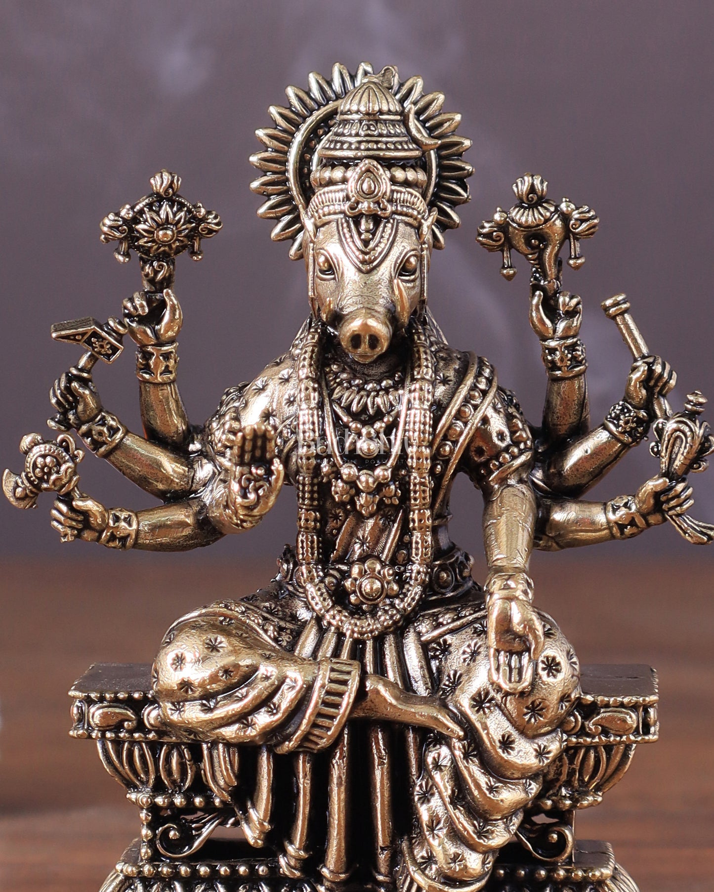 Intricate Hollow-Cast Goddess Varahi Superfine Brass Idol – 4" Tall