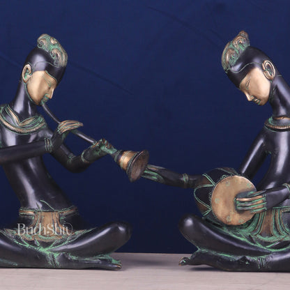 Brass Tribal Musician Pair - Shehnai and Dholak Players - Handcrafted Showpieces