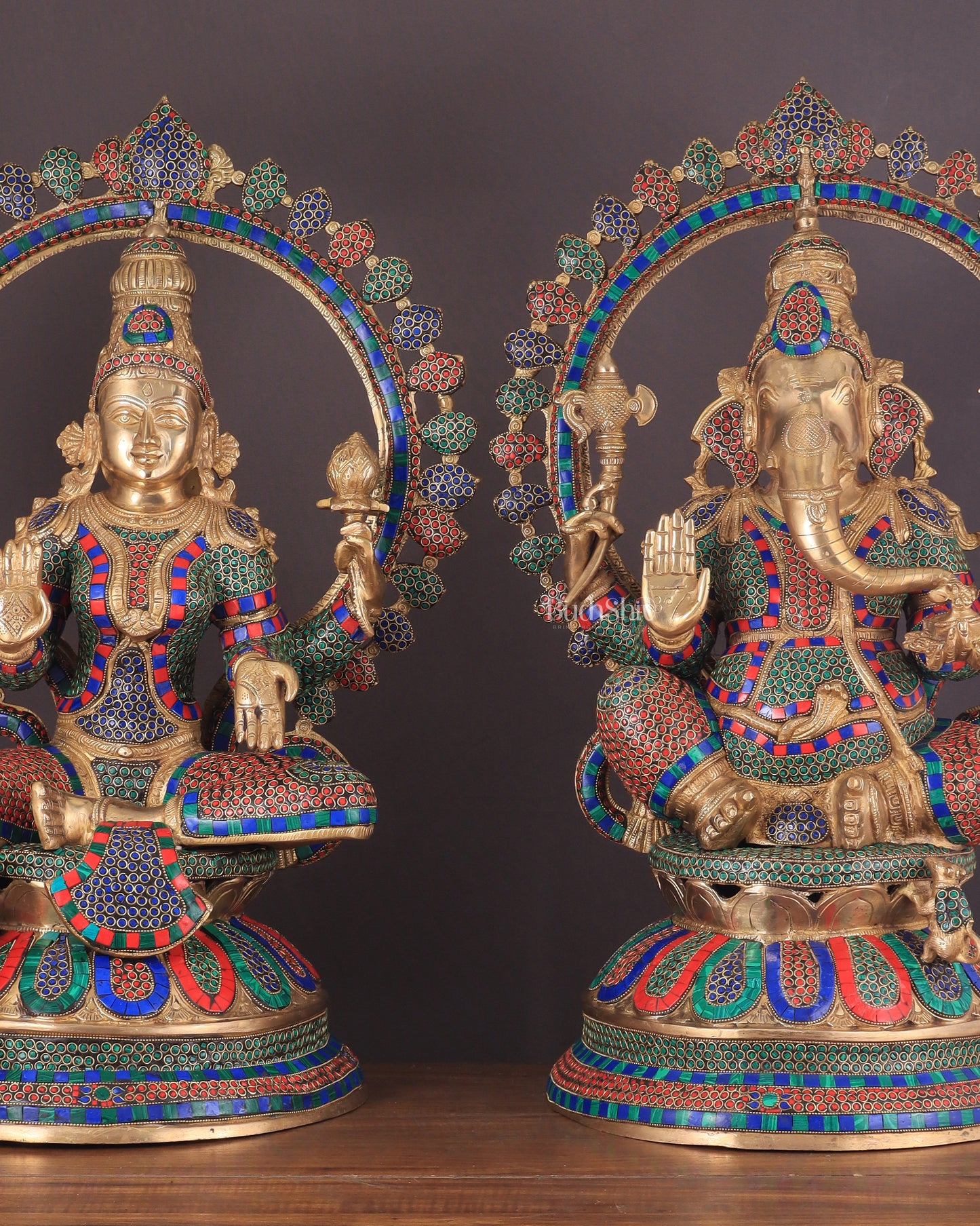 Pure Brass Ganesh Lakshmi Idol Pair with Meenakari Stonework – 27"