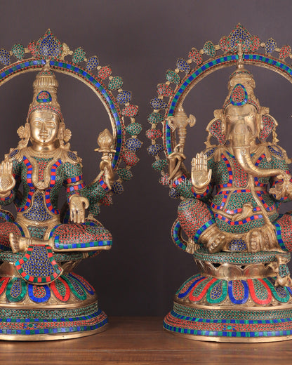 Pure Brass Ganesh Lakshmi Idol Pair with Meenakari Stonework – 27"