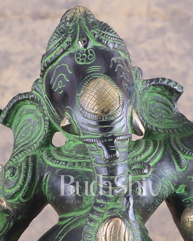 Unique Brass Dancing Ganesha - Nritya Ganapati Statue, Vintage Black and Green Tone Sculpture