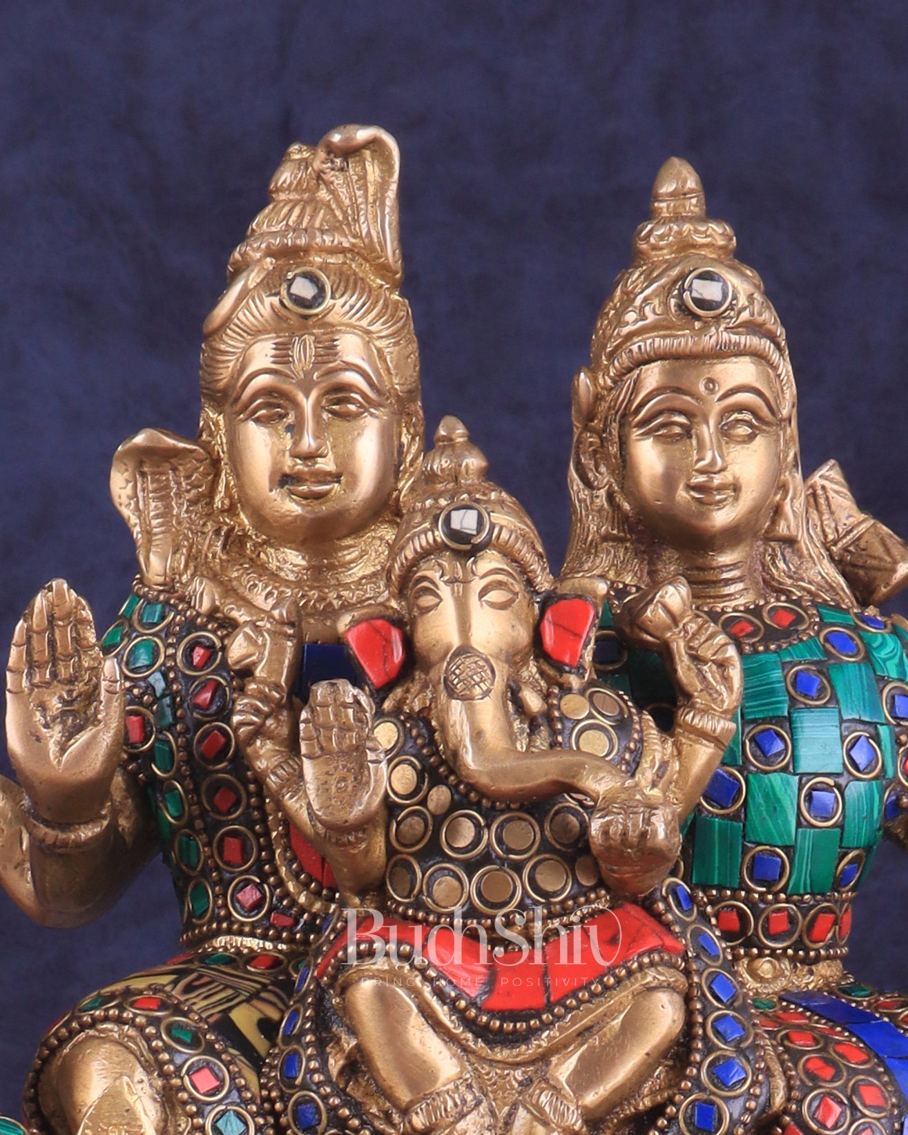 Brass Complete Shiv Parivar Idol - 10 Inch with stonework