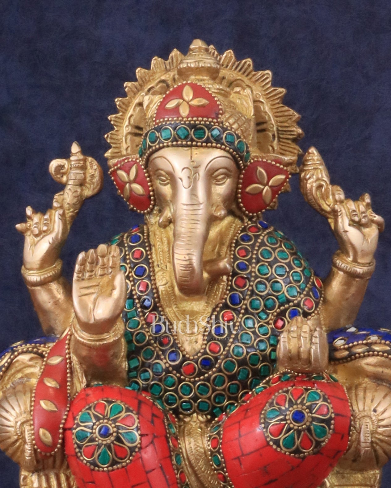 Brass Ganesha murti with Meenakari Stonework | 10" Height