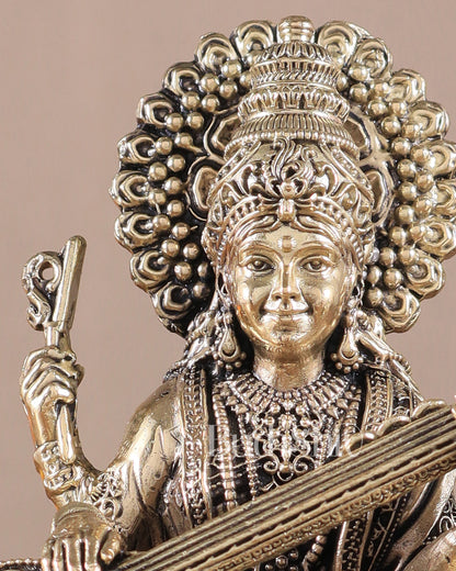 Superfine Brass Saraswati Idol - 6" Tall, Intricate Detailing