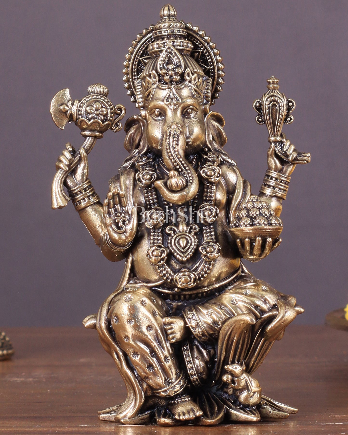 Brass Ganesha Idol Seated on Lotus 4 inch right side trunk