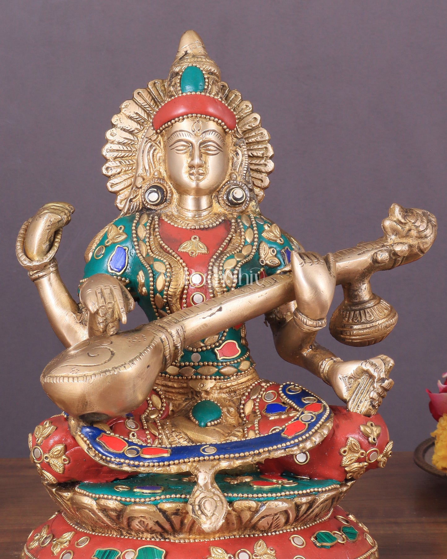 Brass Saraswati Statue With unique stonework 9"