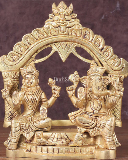 Pure Brass Lord Ganesha and Lakshmi Seated Together Statue - 7"