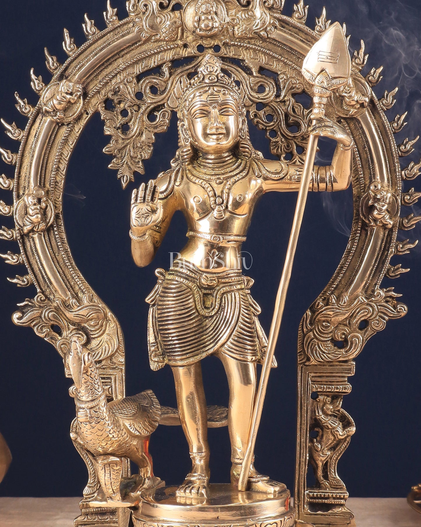 Pure Brass Lord Murugan Statue with Peacock and Prabhavali