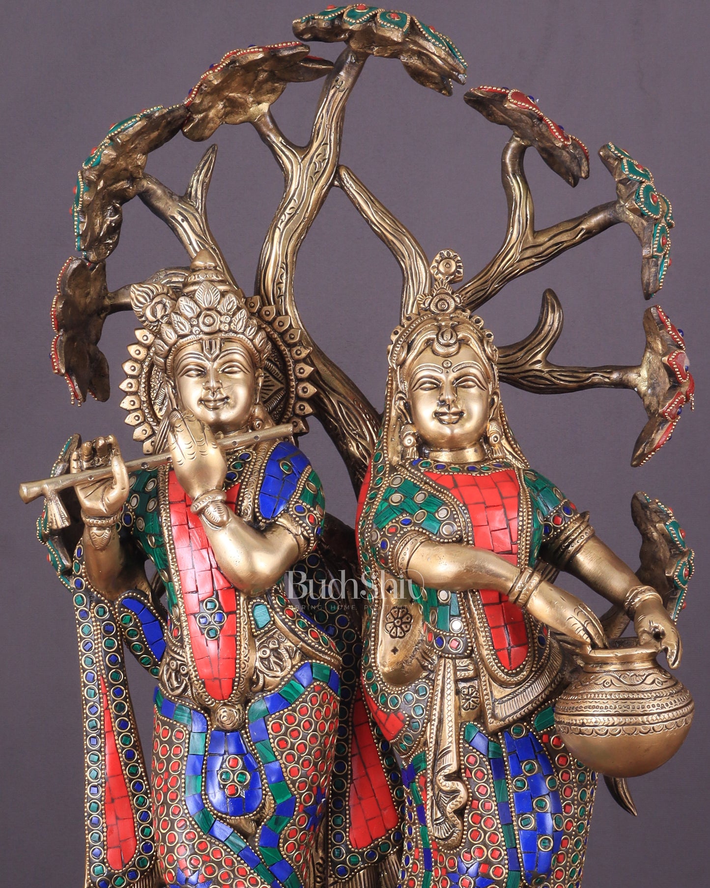 Radha Krishna Under Kadamba Tree | Superfine Brass Sculpture | 21 Inch Height with stonework