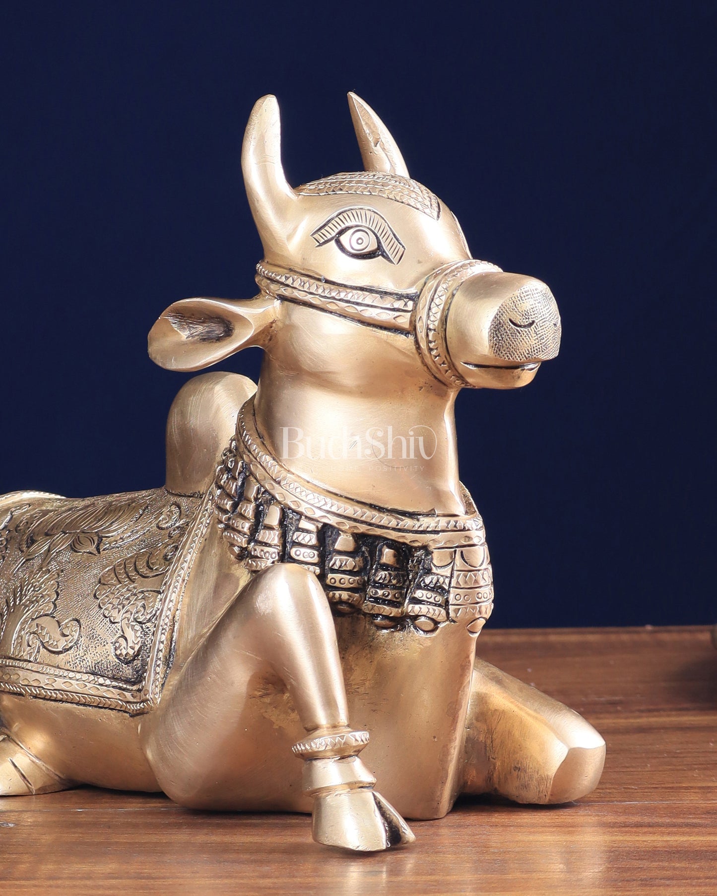 Pure Brass Nandi Bull Statue with Unique Lotus Carvings 10"