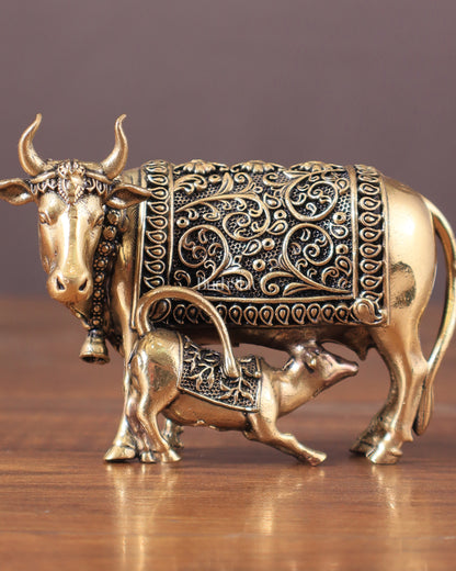 Pure Brass Kamdhenu Cow with Calf Idol - 3"