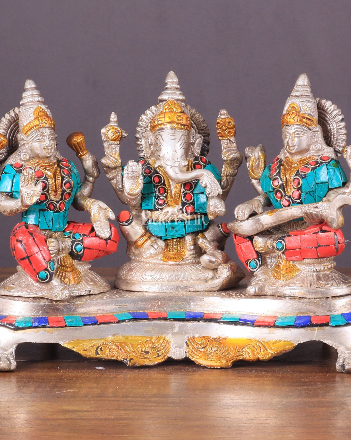 Ganesha Lakshmi Saraswati Brass Silver plated Idol with stonework 6.5"