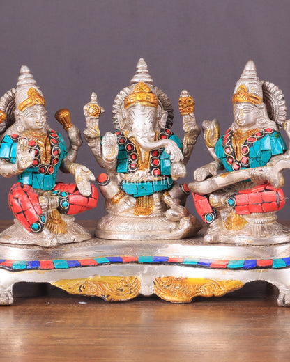 Ganesha Lakshmi Saraswati Brass Silver plated Idol with stonework 6.5"