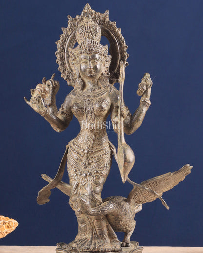 Vintage Indonesian Bronze Goddess Saraswati with Swan Sculpture 14"