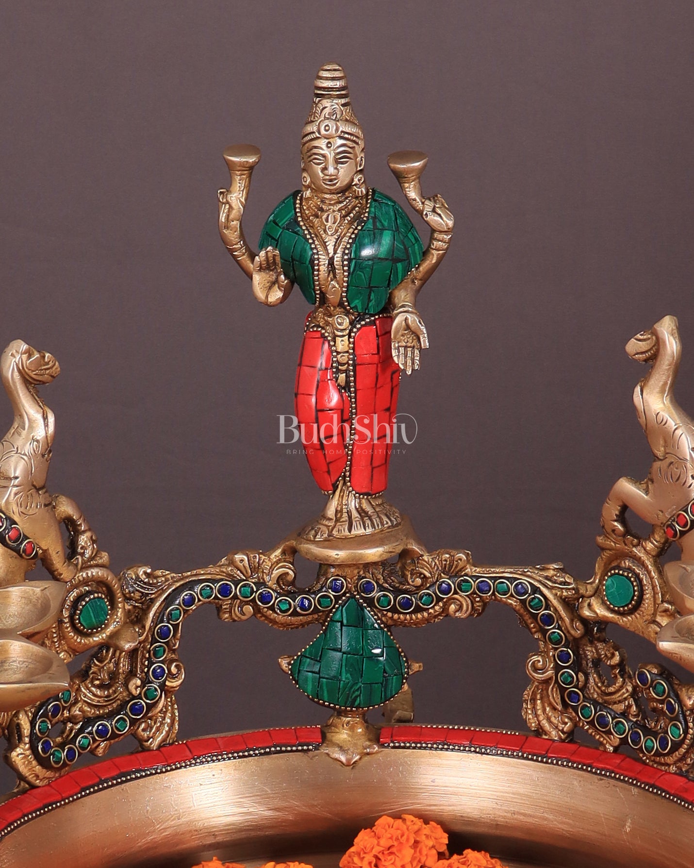 Handcrafted Ashtalakshmi Brass Urli with Diyas | Height: 16 Inch with stonework