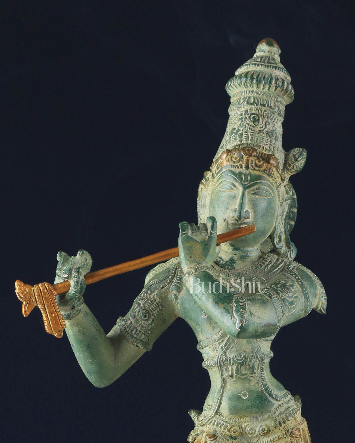 Pure Brass Krishna Statue with Green Stone Finish – Divine Lord Krishna Idol (15 Inches)