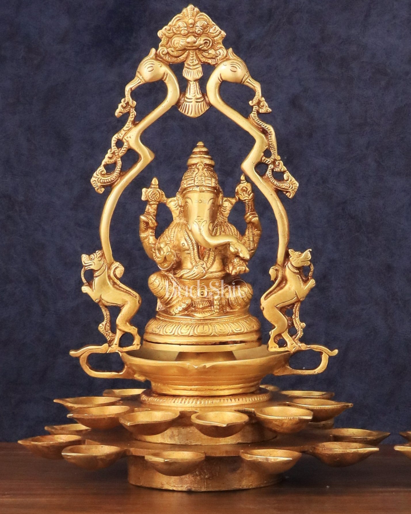 Pure Brass Ganesha and Goddess Lakshmi Statues with Diyas and Thiruvarchi Frames - 12"