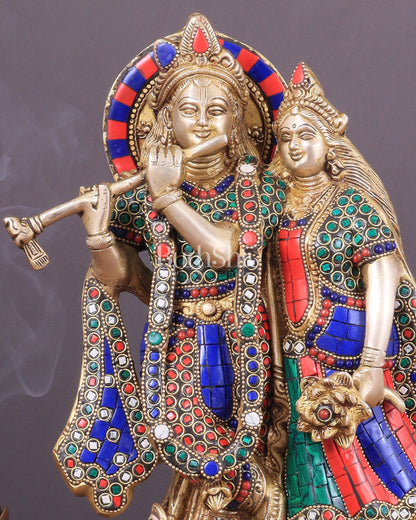 Brass Superfine Radha Krishna together idol - 12 inches with stonework