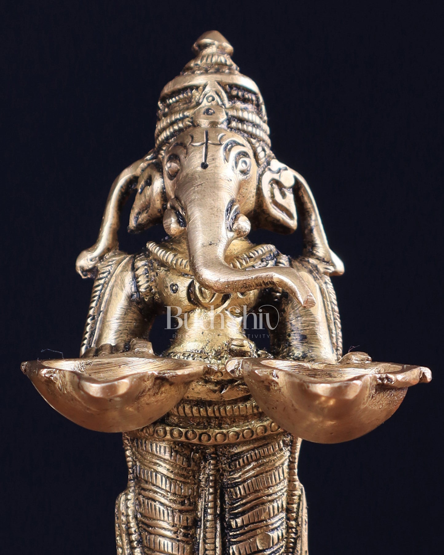 Pure Brass Lord Ganesha Holding Two Diyas small 5.5"