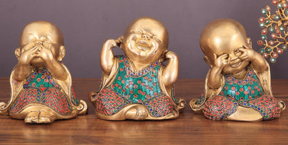 Pure Brass Large Happy Baby Monks Statues Set | 7.5-inch with stonework