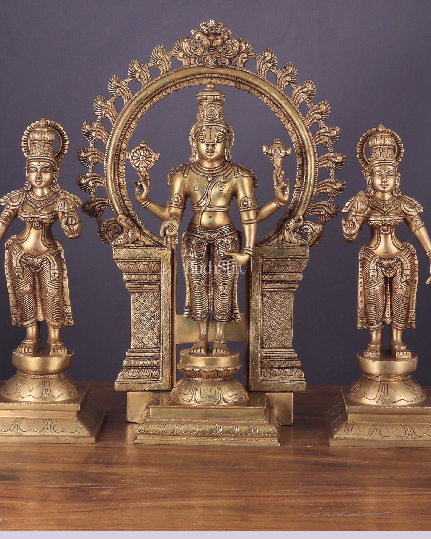 Superfine Brass Lord Tirupati Balaji with Bhudevi and Shridevi Idol Set - 23"